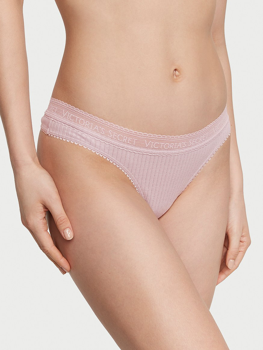 Logo Cotton Lace-Waist Thong Panty