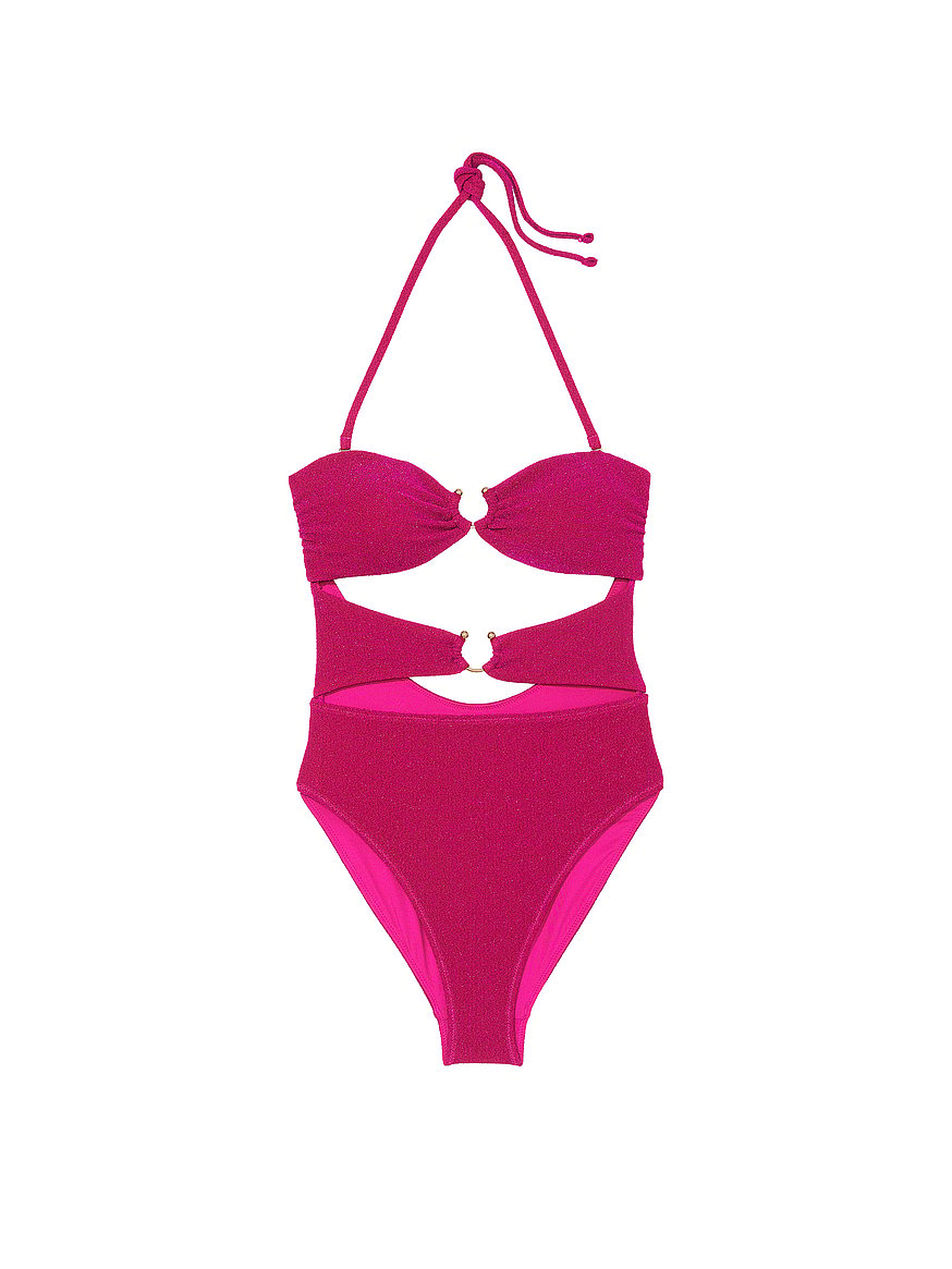 Glitter Cut Out Drawstring Front Bandeau One Piece Swimsuit