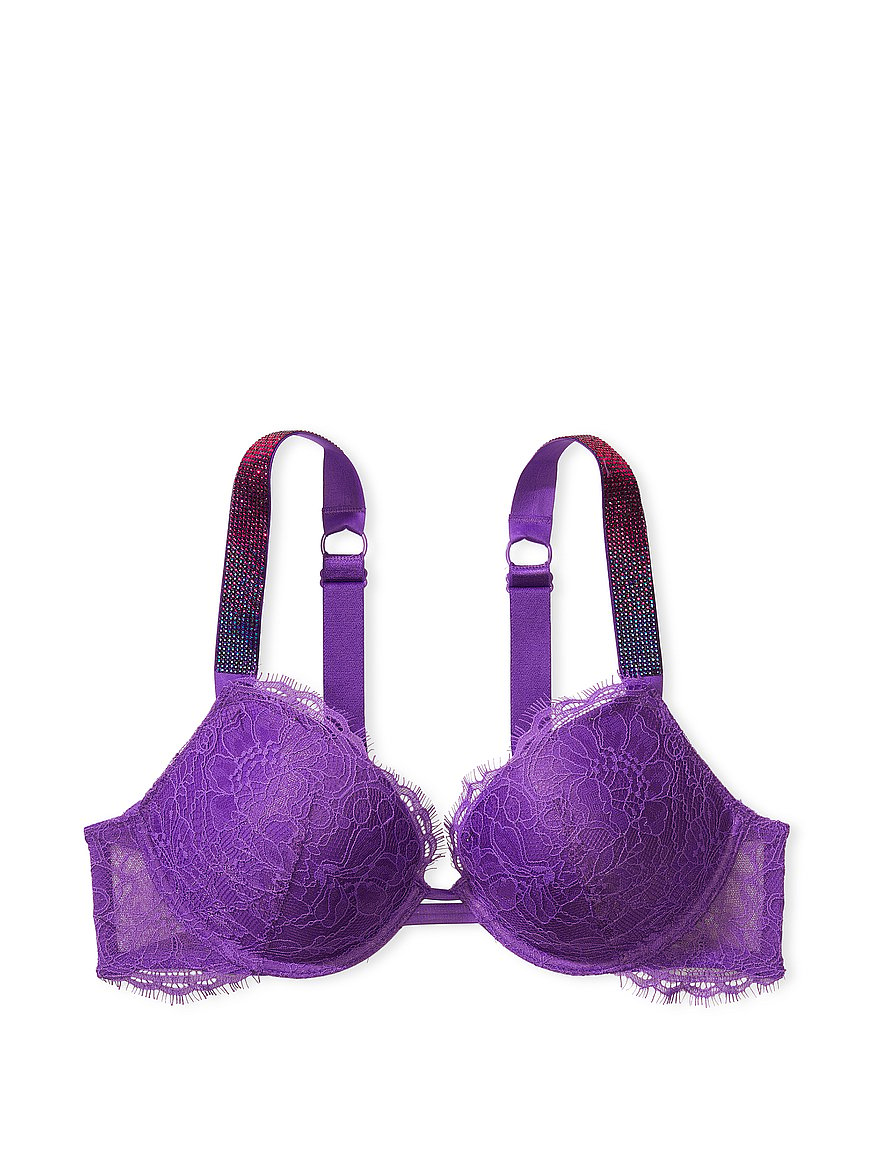 Victoria's Secret Bombshell Lace Push Up Bra Shine Strap 3 piece Set Violet