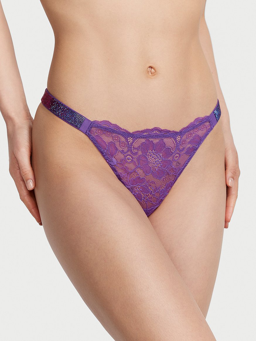 Victoria's Secret Purple See Through Floral Lace Thong String Panty L NWT  Sexy