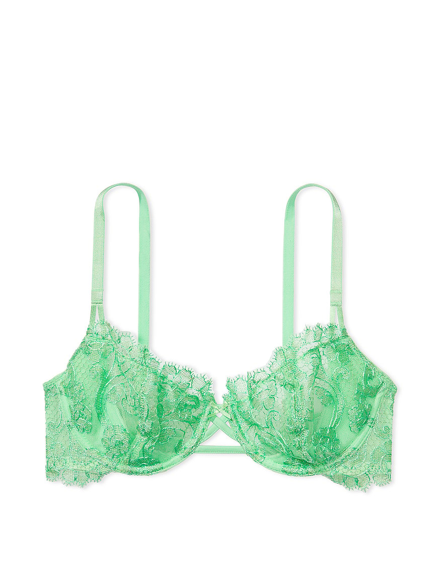 Victoria's Secret DREAM ANGELS Unlined Bra Set Lace Tie Sides Thong Green  32D