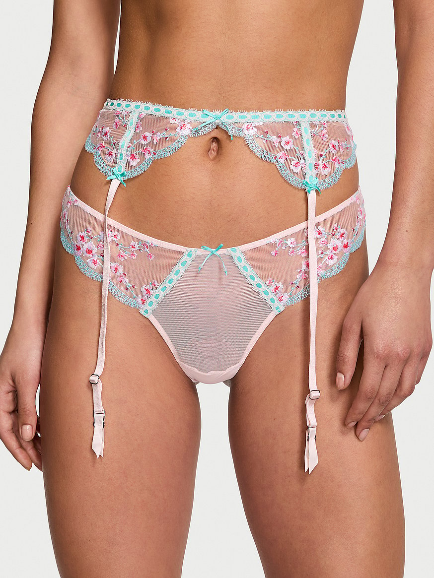 Victoria Secret Dream Angels Floral Sheer Thong Panty / Garter Belt/ Bra  Set 38B