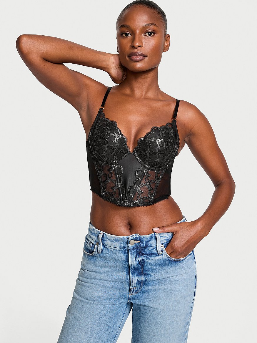 Buy Victoria's Secret Black Floral Embroidered Lace Unlined Corset