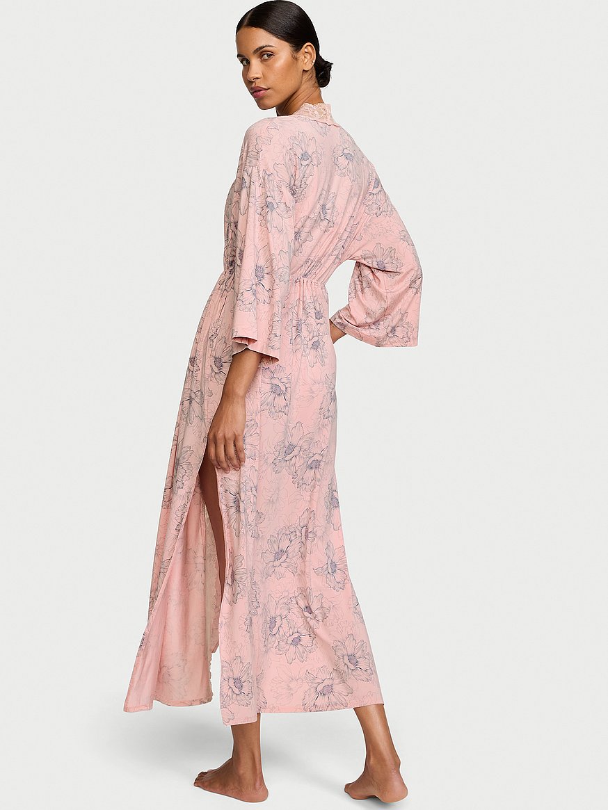 Modal & Lace Trim High-Slit Maxi Robe
