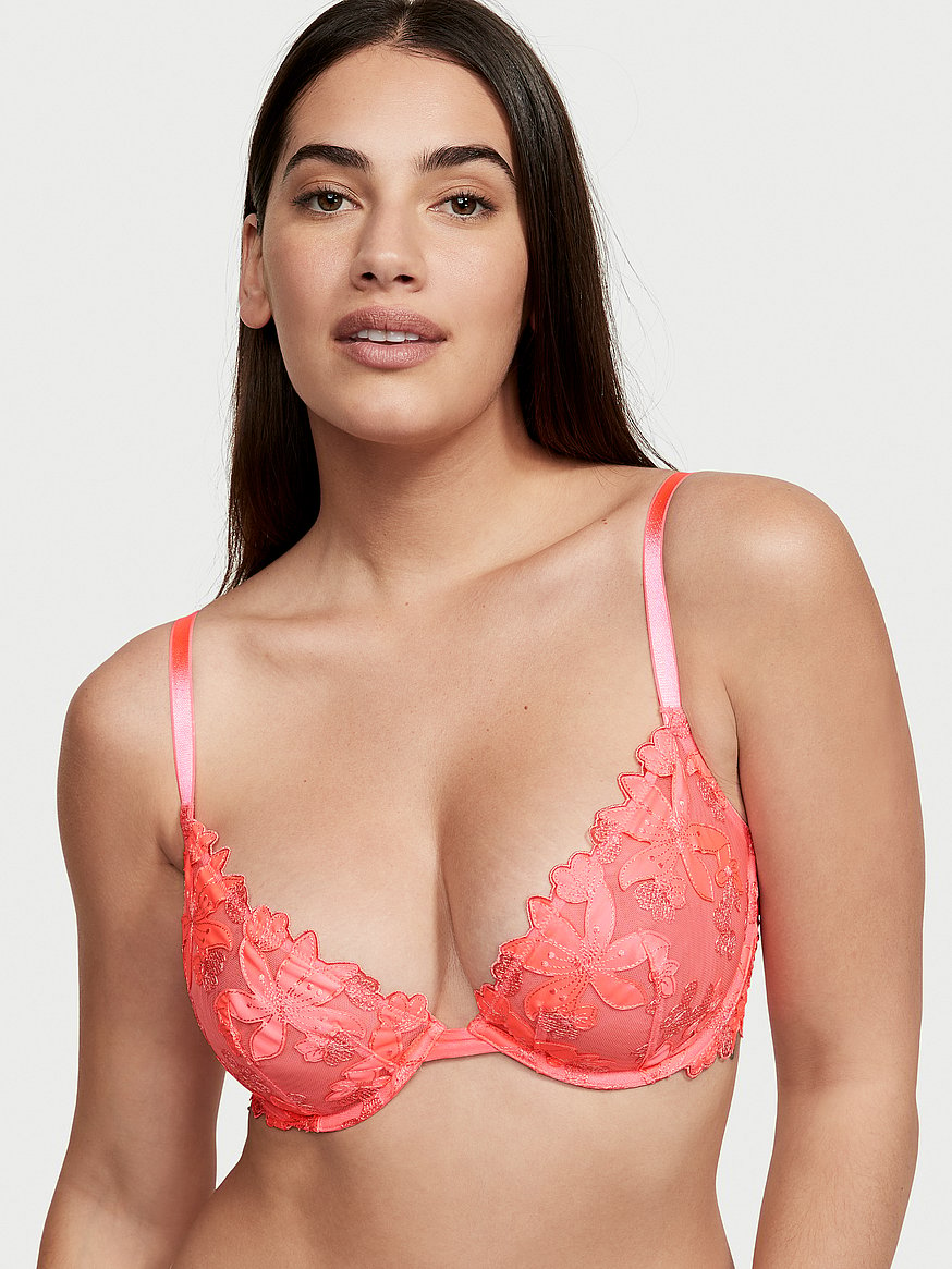 Unlined Embroidered Mesh Bra - Pink floral