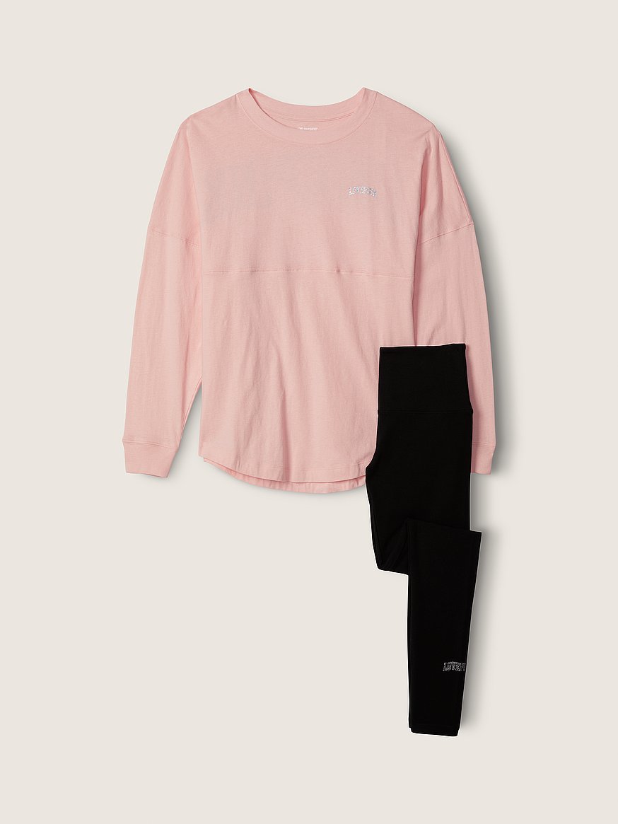 Victoria's Secret Pink Campus SS Tee Shirt + Leggings Set Neon Atomic Pink  L XL