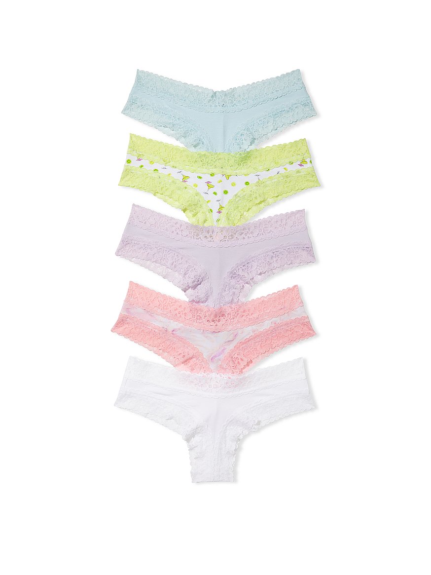  Victorias Secret Lace Trim Cotton Cheeky Panty Pack,  Underwear For Women, 5 Pack, Love & Stripes