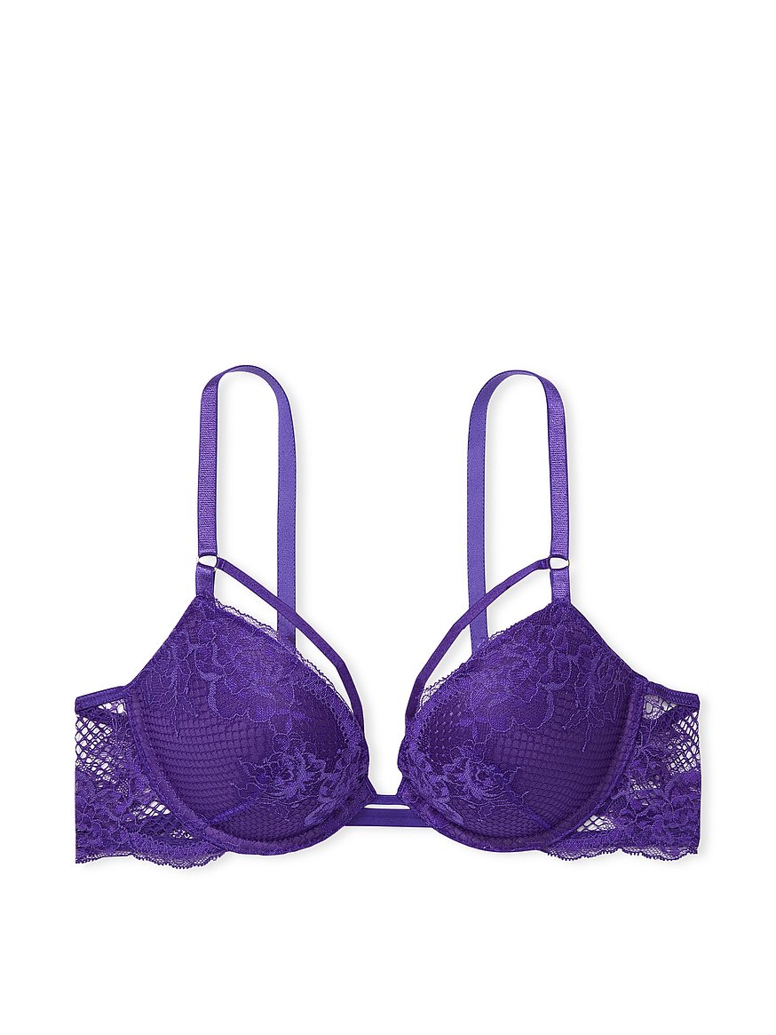 Victoria Secret Bra Bombshell Push Up Purple Lace Shine Strap Logo