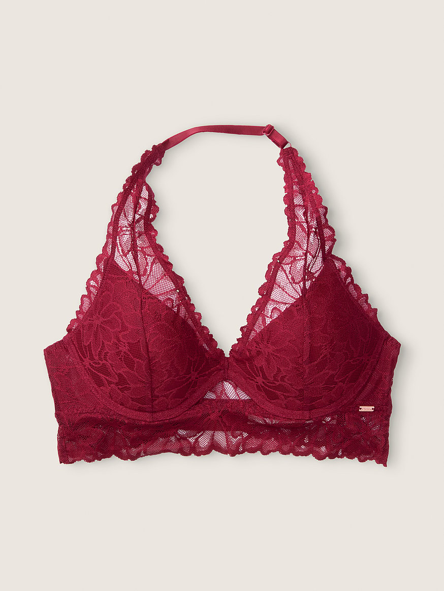 New Victoria's Secret PINK Lace T-Back Halter Bralette Small Burgundy NWT  B1710