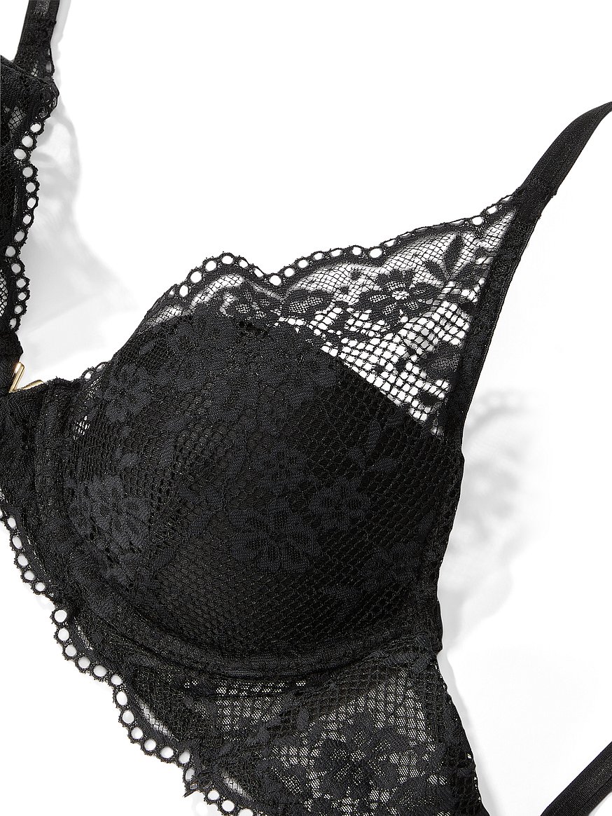 Victorias Secret bra bustier 38C plunge lined black velvet bling shine  longline