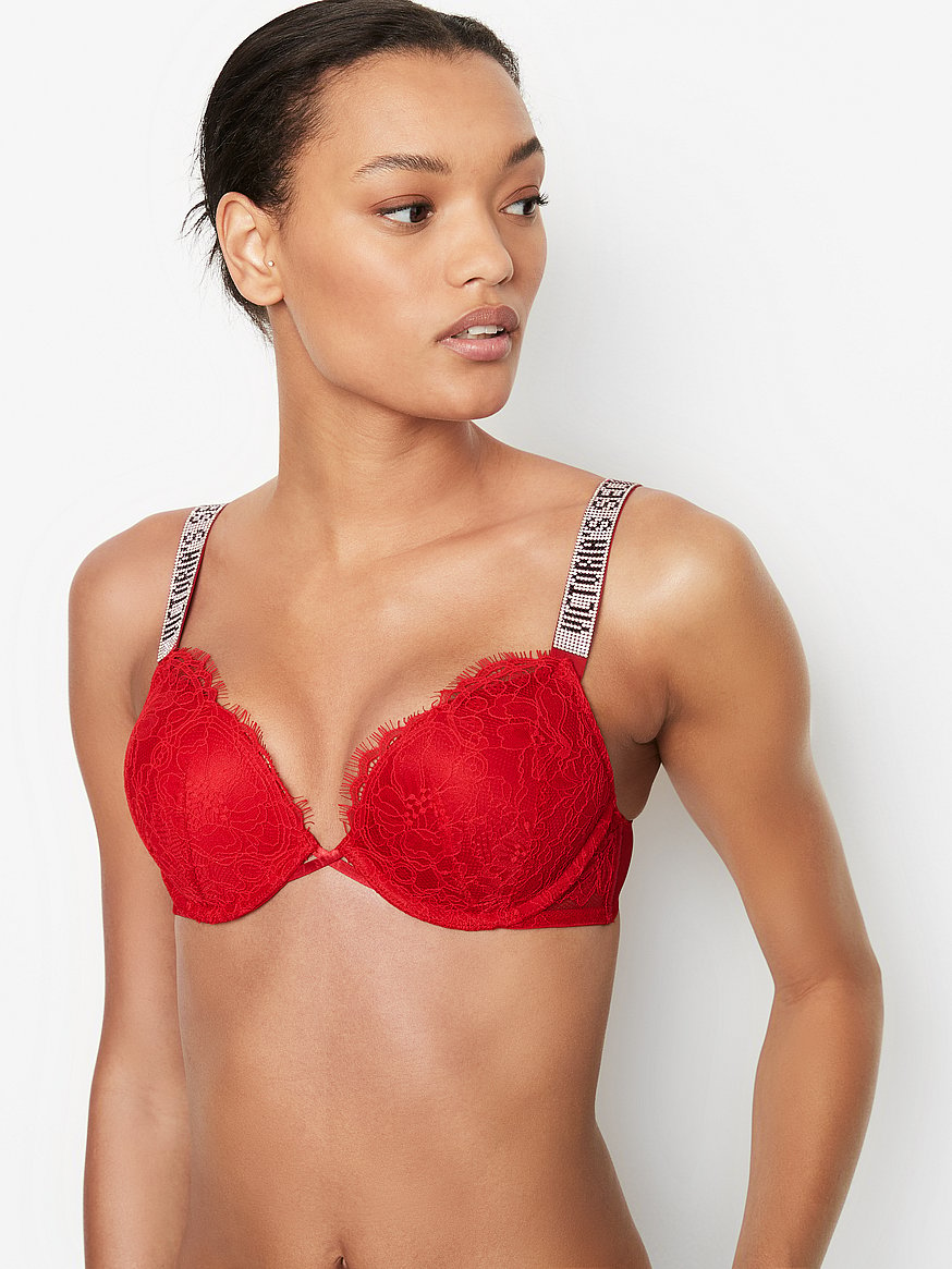 Victorias Secret Bombshell Shine Strap Push Up Bra, Add 2  Cups, Plunge Neckline, Lace, Bras For Women, Very Sexy Collection, Pink