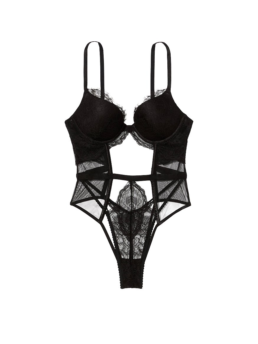 Sustainable Recycled Lace Bodysuit, Sexy Black Push-Up Teddy