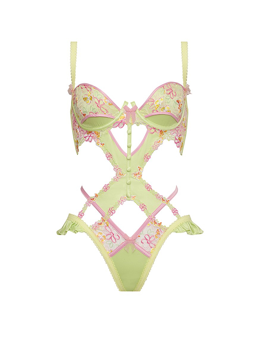 Sweetheart Lace Thong Teddy in Green & Multi