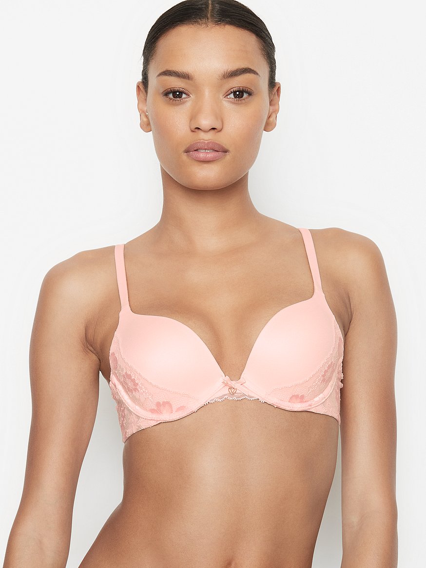 Victoria's Secret Bombshell Pushup Bra - Powder Pink with Silvery Lace