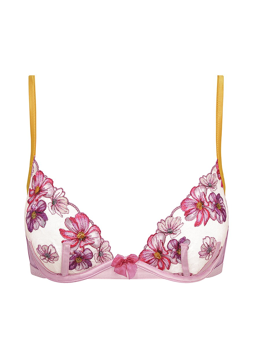 Lindex Samira floral embroidered mesh non padded balconette bra in pink