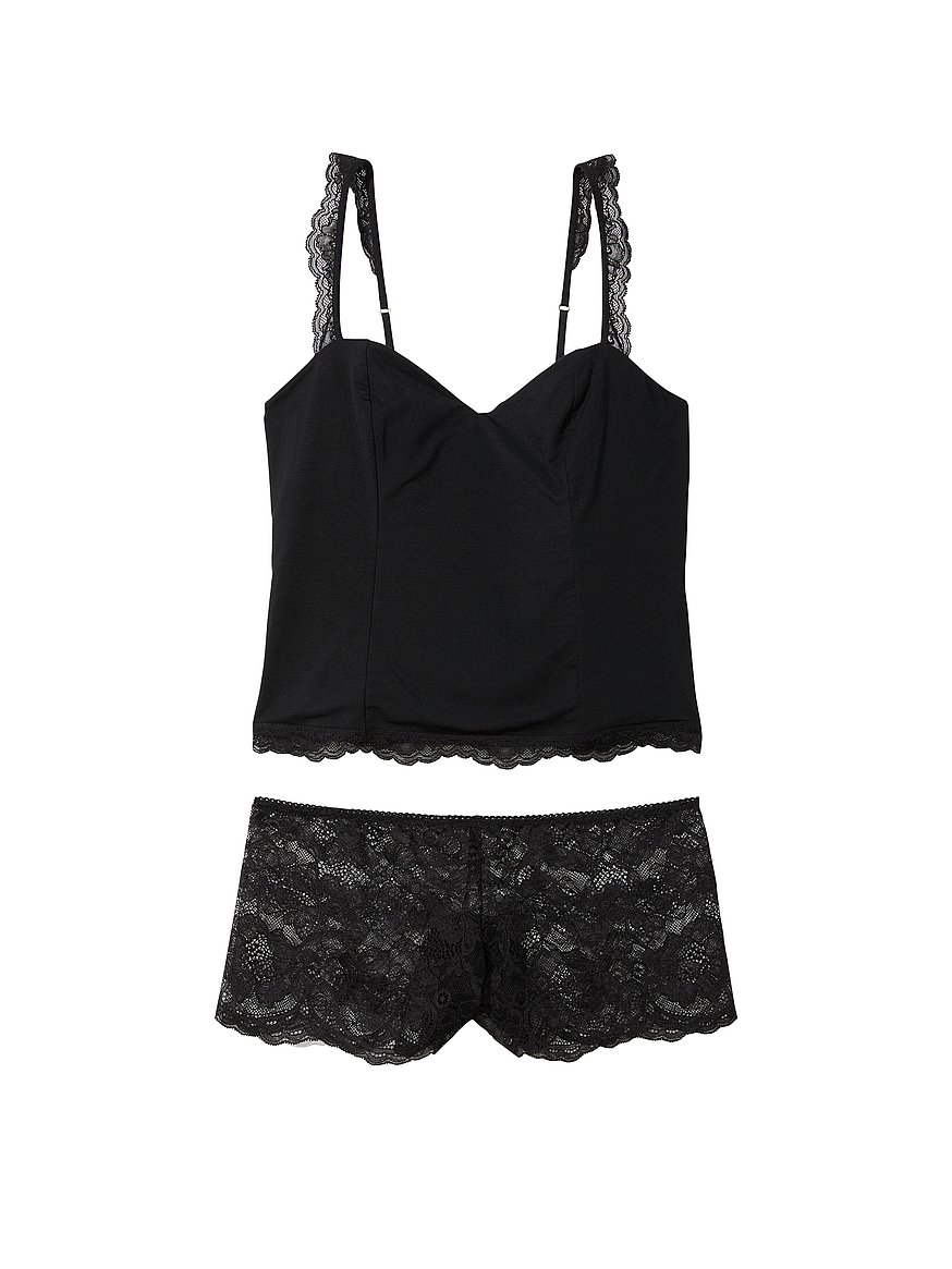 Black Sexy Satin Lace Cami Camisole Set French Knickers Negligee