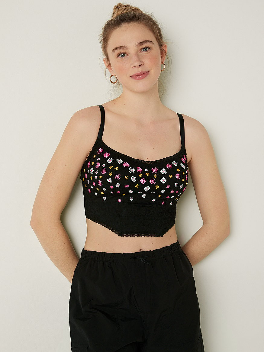 EMBROIDERED FLOWERS CORSET TOP IN BLACK