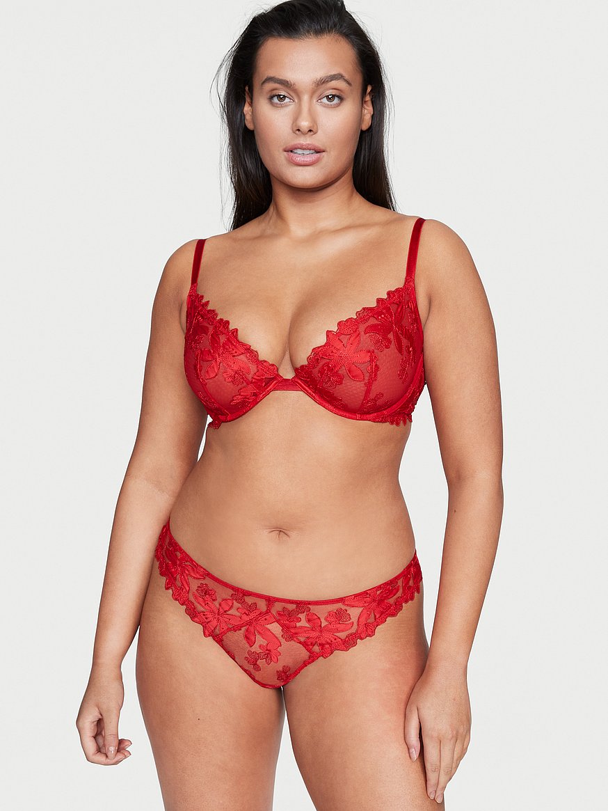 Victoria'S Secret Demi  Luxe Lingerie Floral Embroidered Lace Unlined Demi  Bra Lipstick Red - Womens · Clean Livin Life