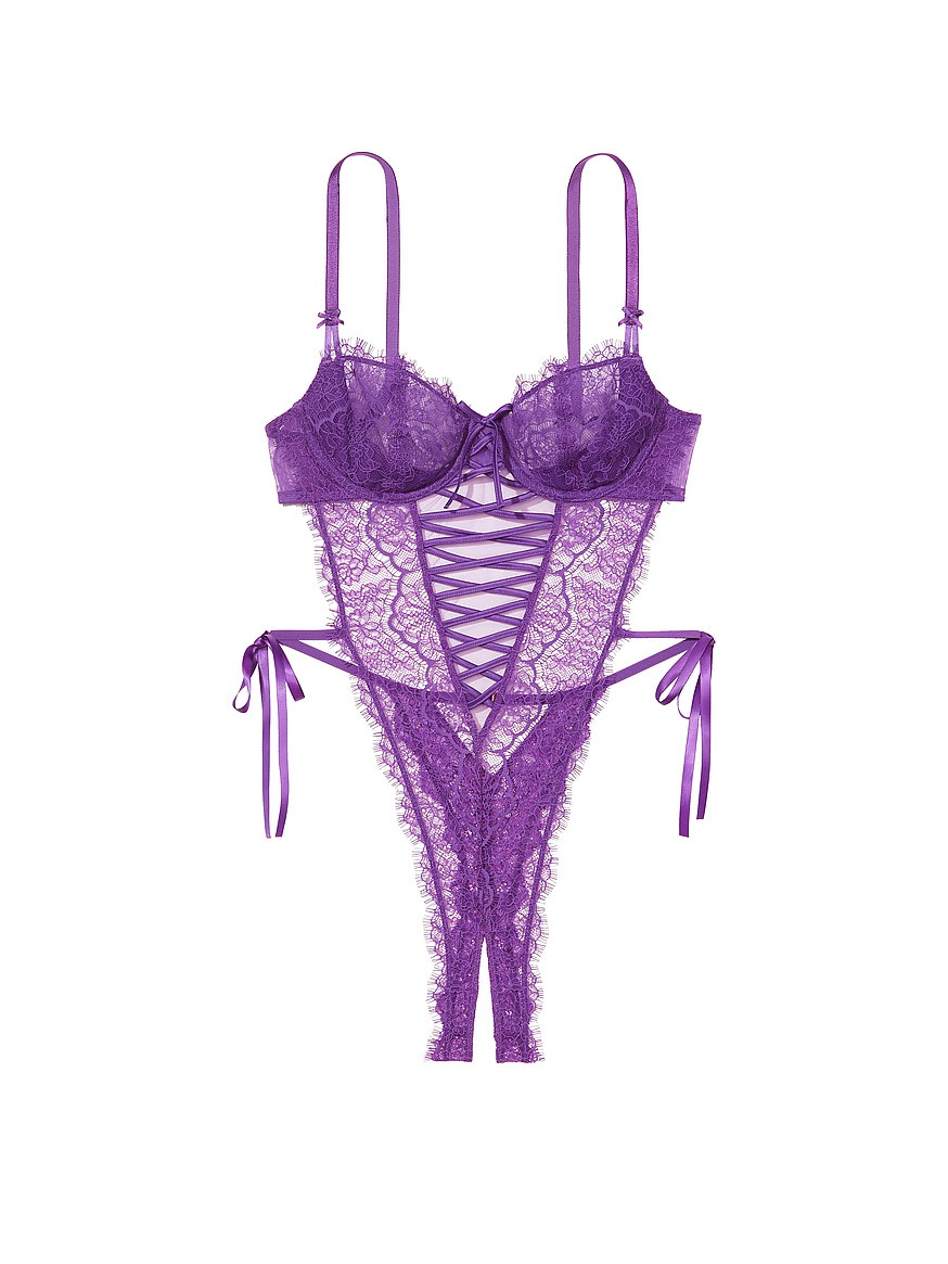 Buy Victoria's Secret Very Sexy Velvet Floral Embroidery Unlined Strappy  Crotchless Teddy - Print At 64% Off