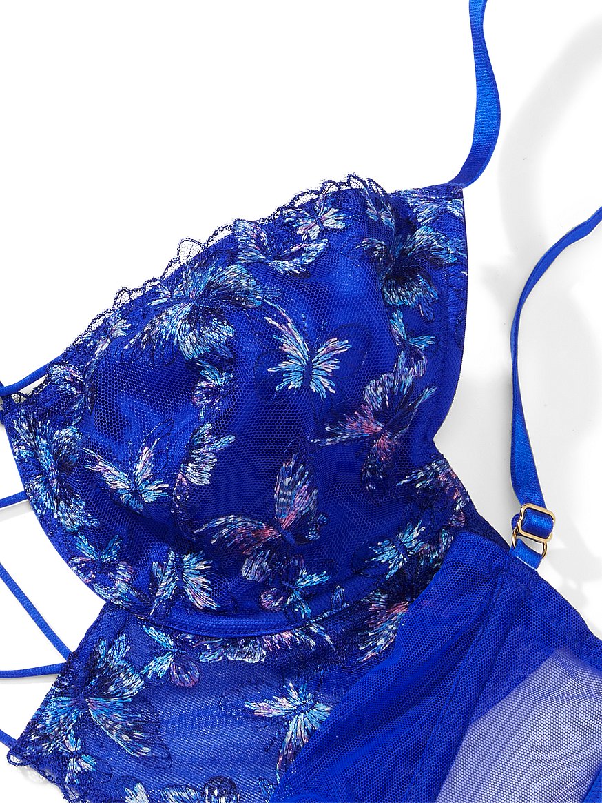Victoria's Secret 36C/D L CORSET BRA TOP SET Panty navy BLUE Bejeweled  EMBROIDER