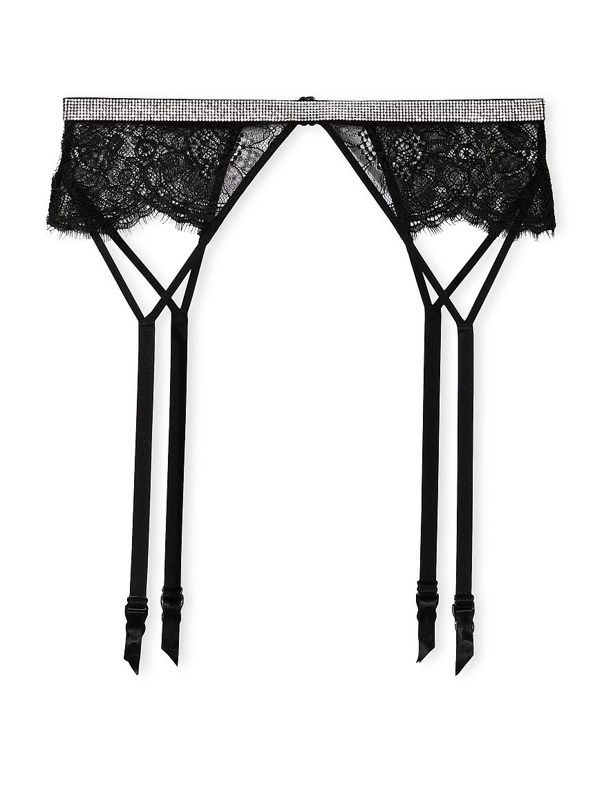Victoria's Secret Shine Strap Wicked Unlined Bra Thong Garter Set Black  38DD 