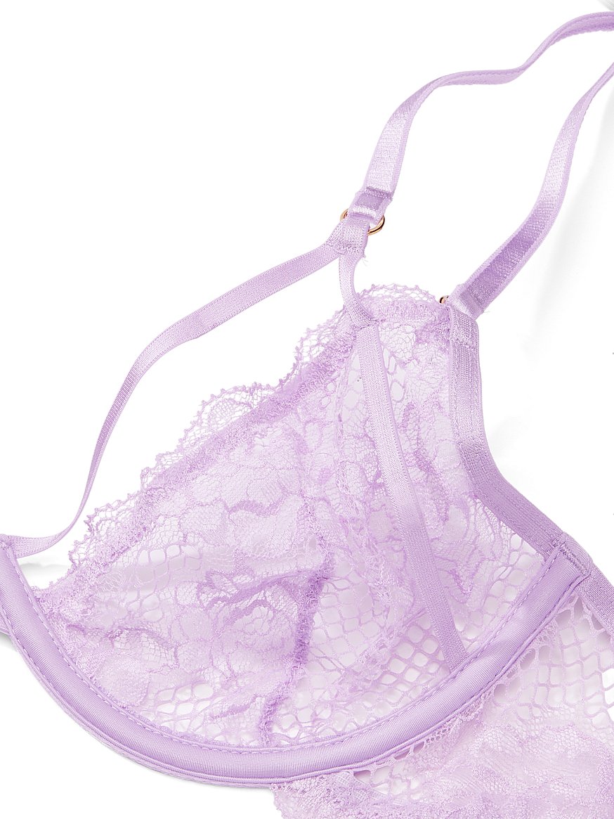 Sexy V-Neck Purple Built-in Bra Sheer Lace Tulle Nightgown