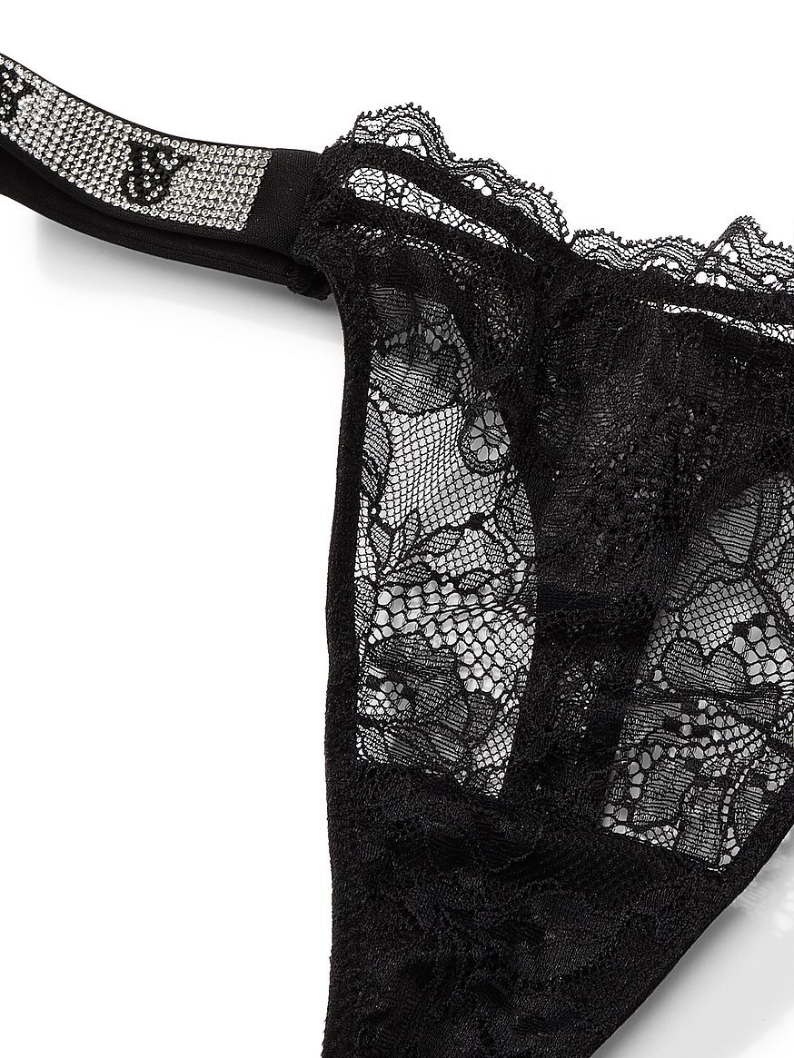 Victoria's Secret Shine Strap Thong Panty, Black Lace, Medium