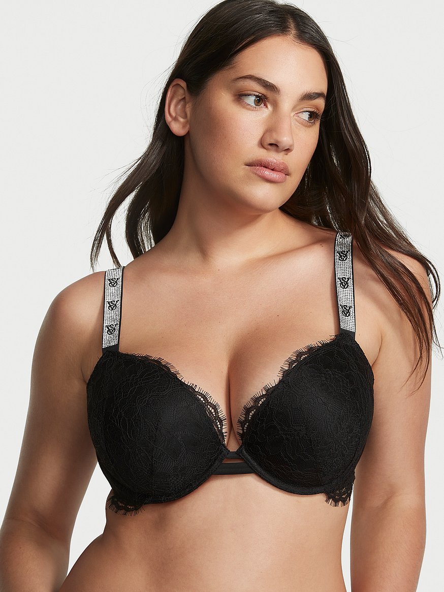 Buy Victoria's Secret Moody Floral Black Lace Shine Strap Push Up Bra from  Next Luxembourg
