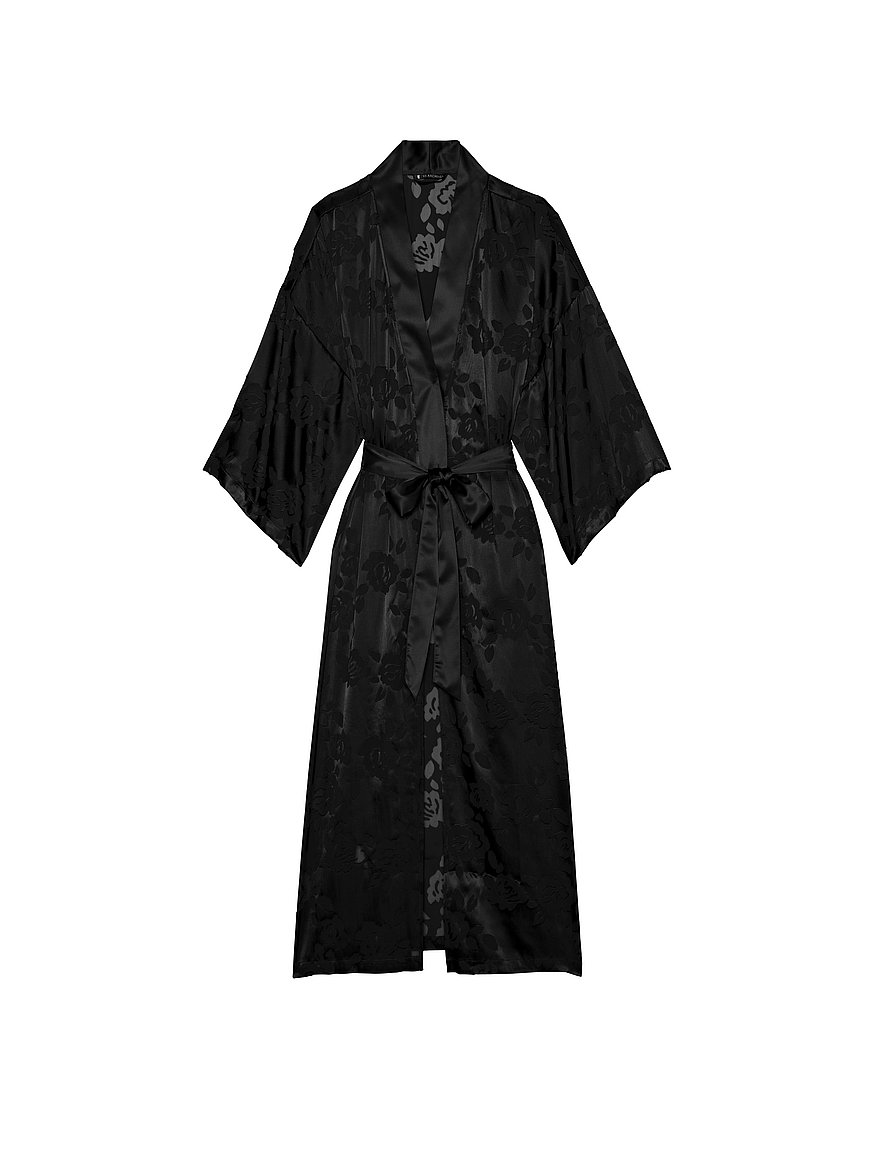 VICTORIA'S SECRET Black Satin Kimono Robe One Size Lingerie NWT