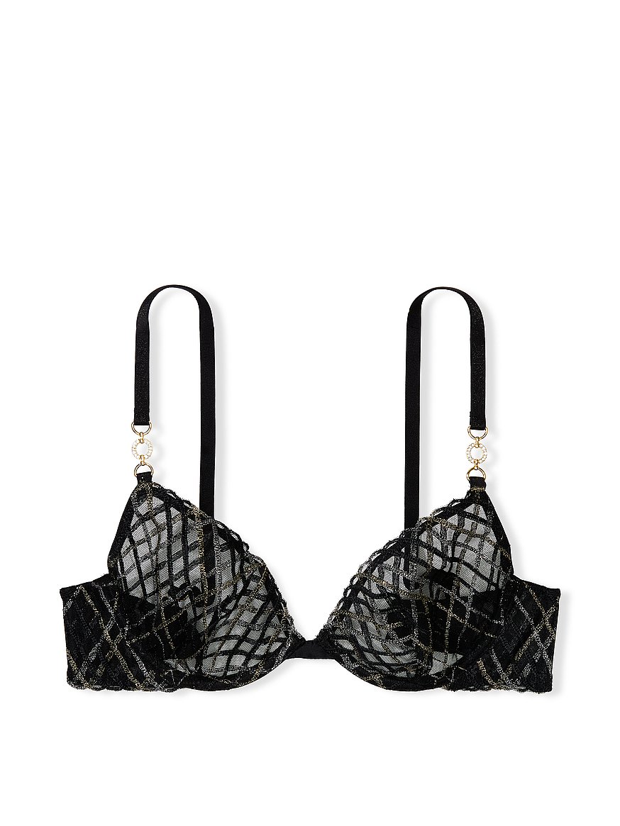Victoria's Secret Bra Set Leaf Embroidery Open Demi Cup Ring Thong Black