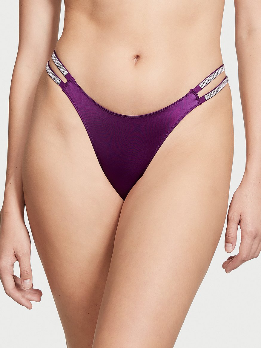 Victoria Secret Panty Brazilian XL Shine Strap Bling Dark Plum Purple Satin  New 