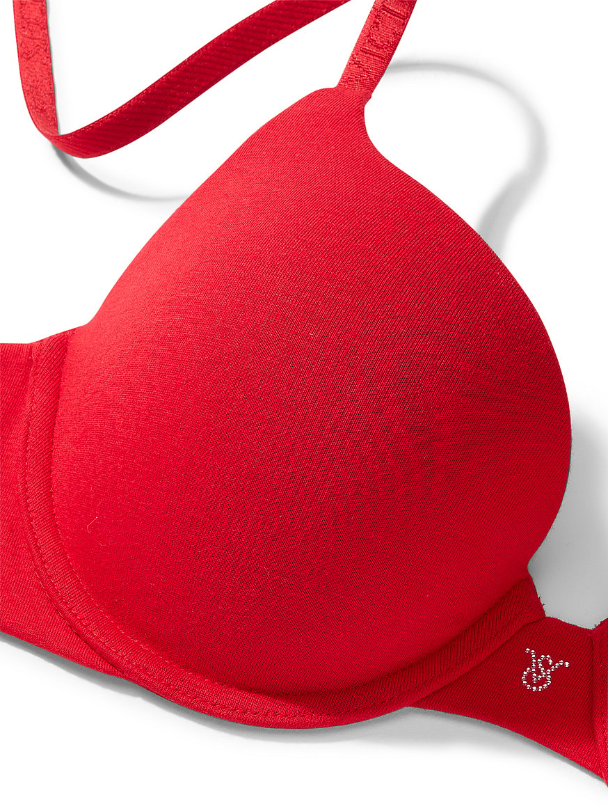 Victoria Secret Red T-Shirt Push-Up Full Coverage Bra With Sparkle Logo  Straps