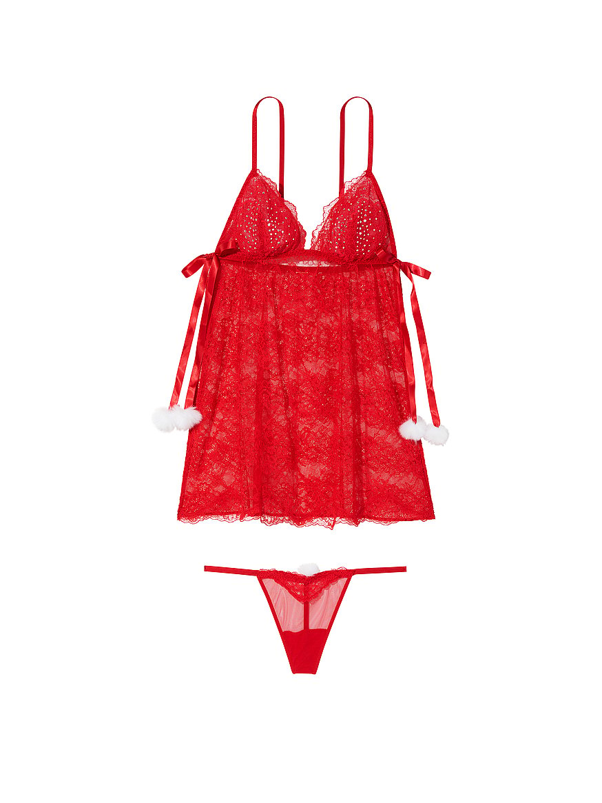 Red Sheer Lace Babydoll Set