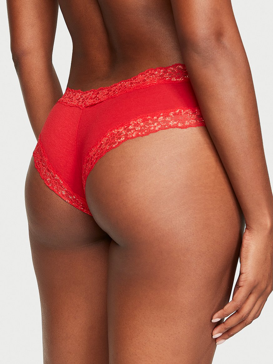 Victoria'S Secret Cheeky  Lace Waist Cotton Cheeky Panty Red