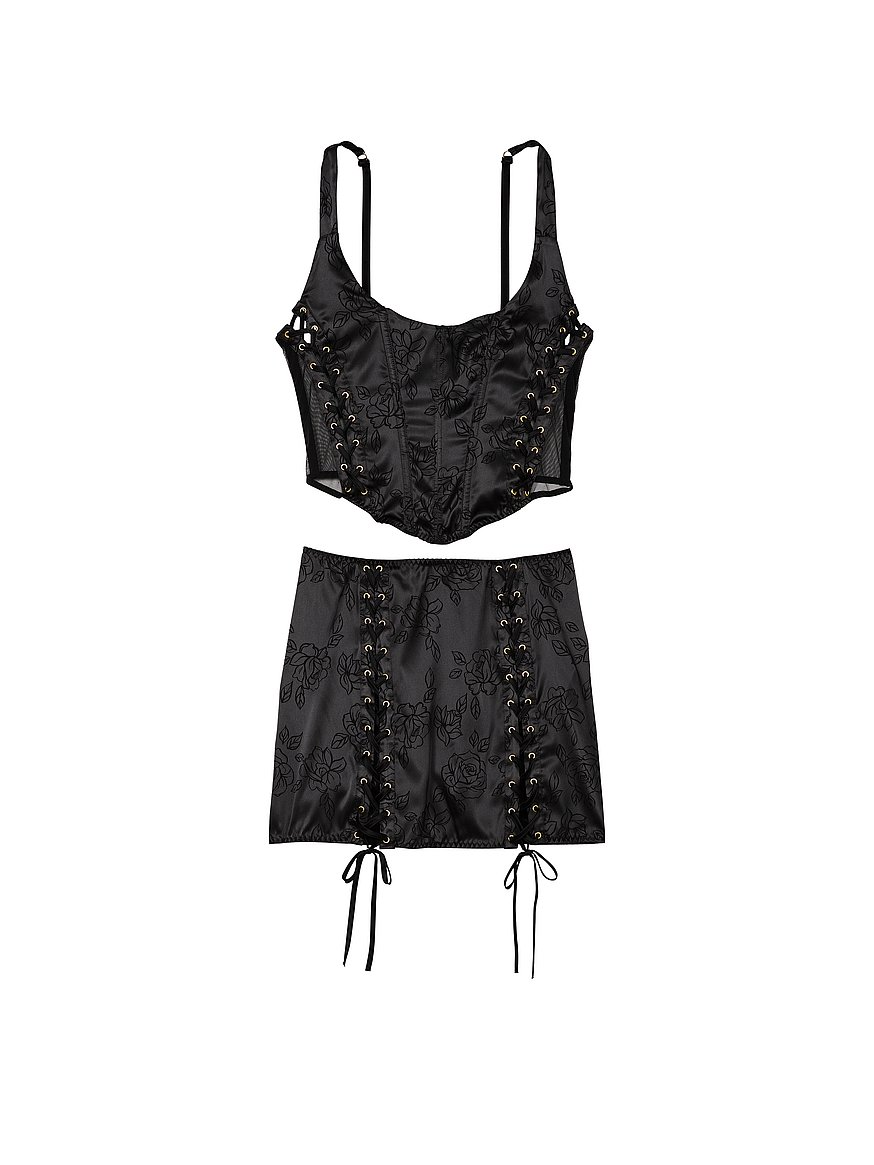 Scar Set - Black Corset Lace-up Top Sexy Tight Summer Mini Skirt