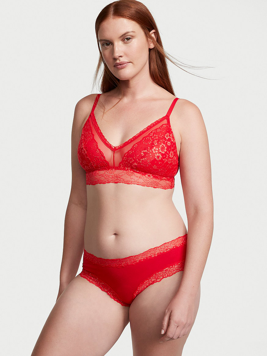 Victoria'S Secret Cheeky  Lace Waist Cotton Cheeky Panty Red