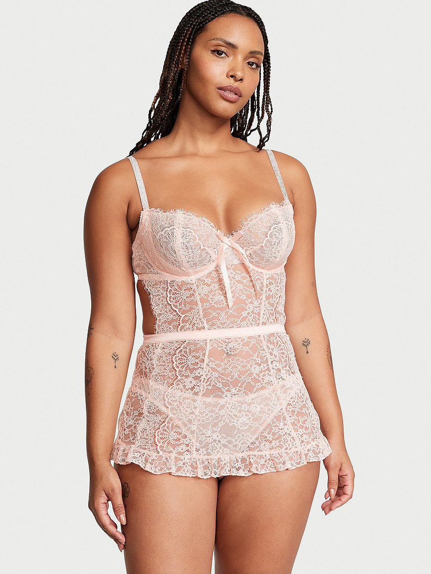 Strappy Open Crotch Lingerie Set With See Through Lace, Tie-up
