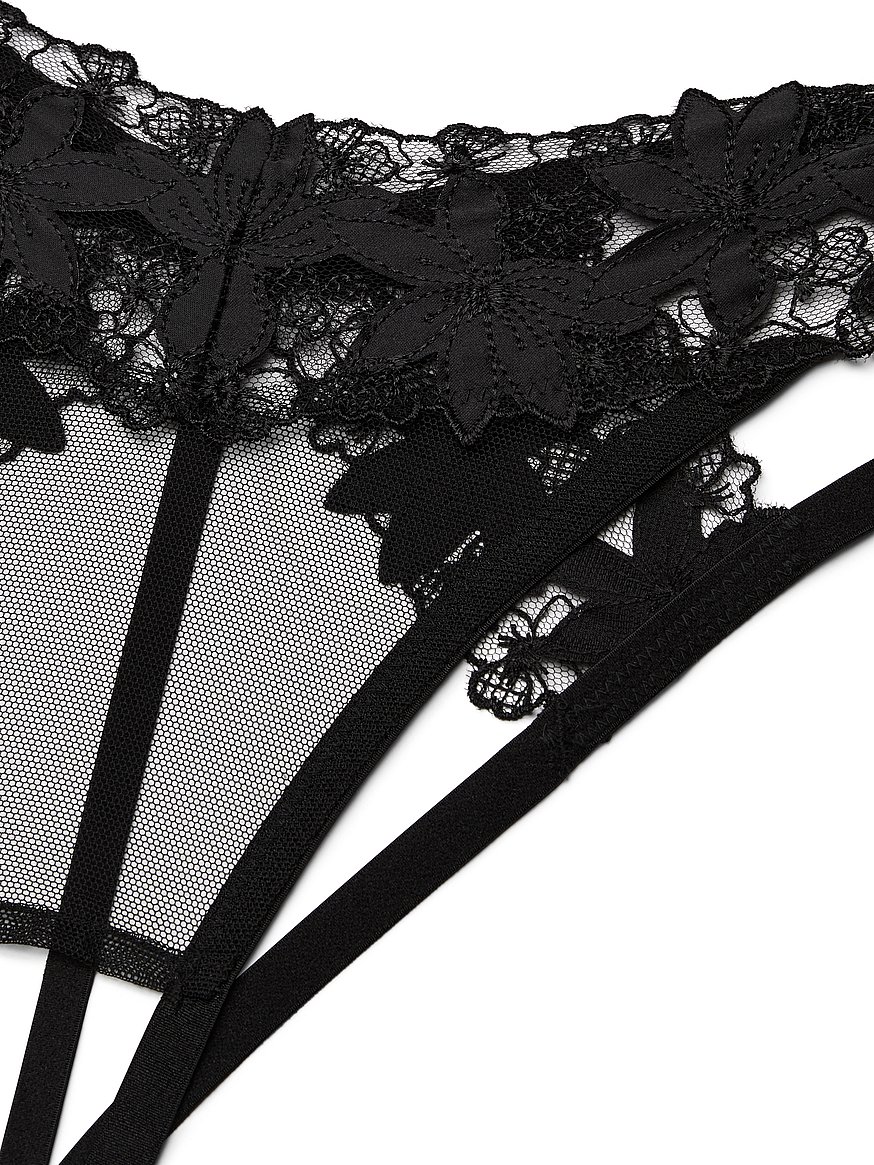8017 Black Lace Open Crotch Bra Panty Set Lingerie Thong G-String Dance S M  L